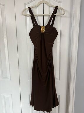 Chocolate Brown Midi Dress with Gold Accent